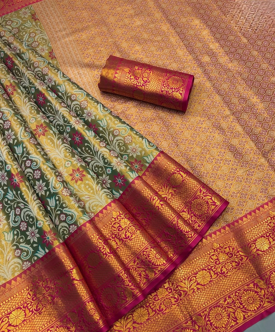 Golden Mustard Kanjivaram Zari Weaving Saree With Pink Contrast Border